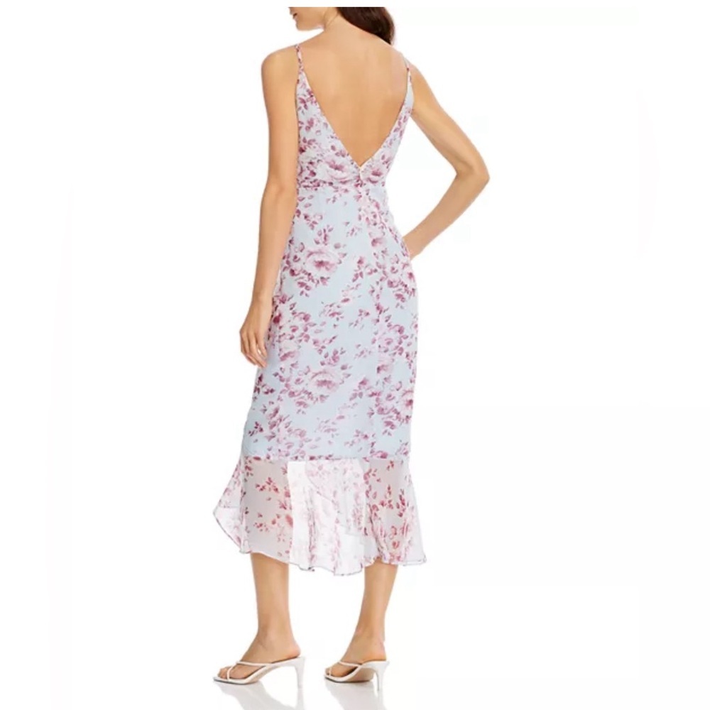 Bardot Floral Mermaid Midi Dress Faux Wrap Blue Burgundy Wedding Guest Fairy M - Picture 2 of 10